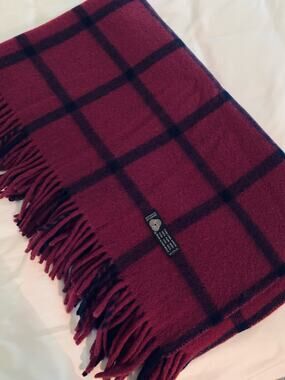 Vintage Uruguay 100% Wool Blanket Throw Fuchsia Navy Windowpane Plaid Cottage